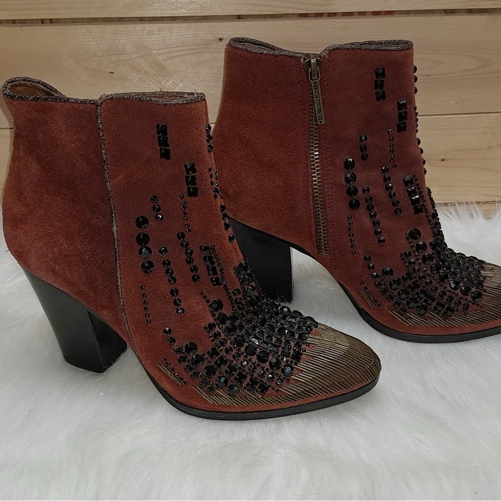 Donald J. Pliner Rust Suede Heeled Boots with Black Bead Accents